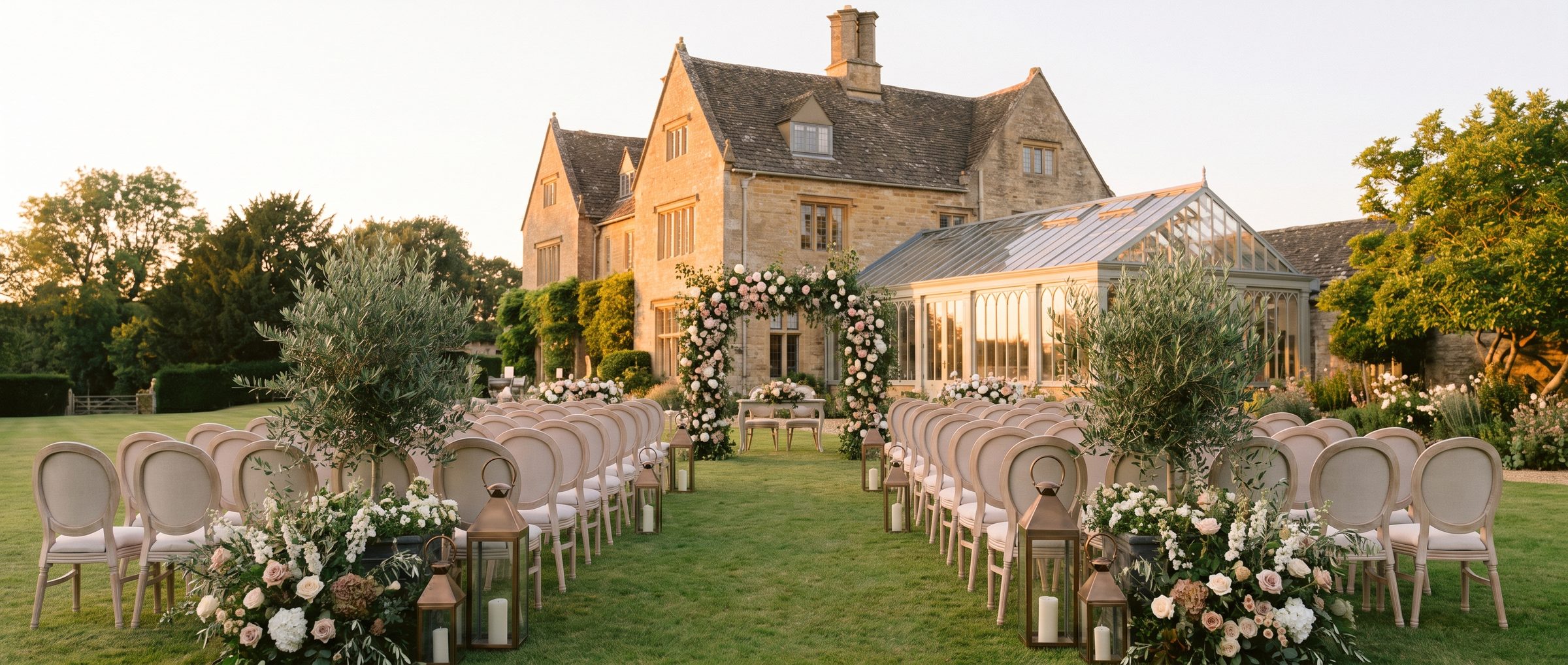 Elegant wedding venue with floral arrangements